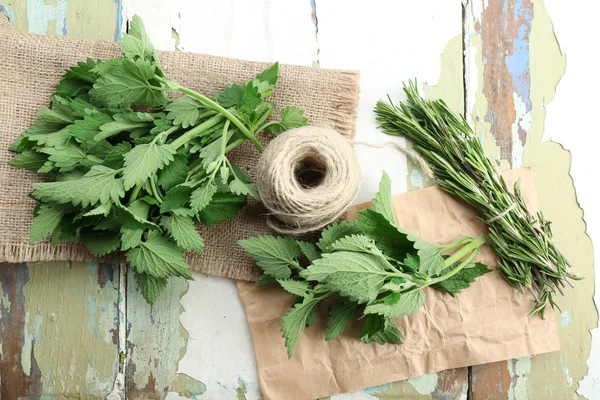 Leaves of lemon balm and rosemary sprigs with rope on sackcloth, closeup — Stock Photo, Image