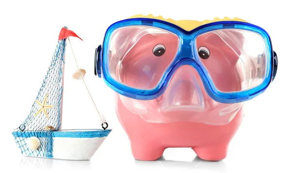 Piggy bank with mask for diving and nautilus isolated on white — Stockfoto