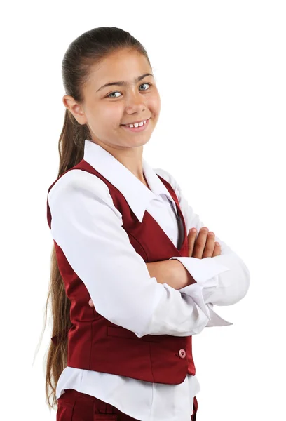 漂亮的小女孩穿着校服上白色隔离 — 图库照片