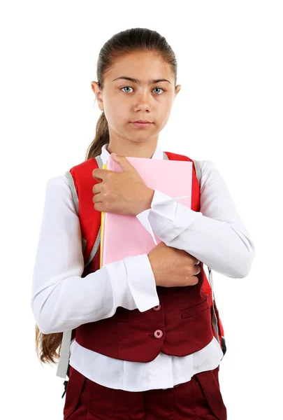 Linda menina em uniforme escolar isolado no branco — Fotografia de Stock