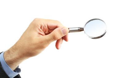 Erkek el beyaz izole Büyüteç tutarak