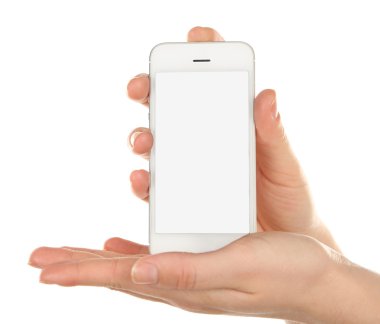 Mobil akıllı telefon üzerinde beyaz izole holding eller