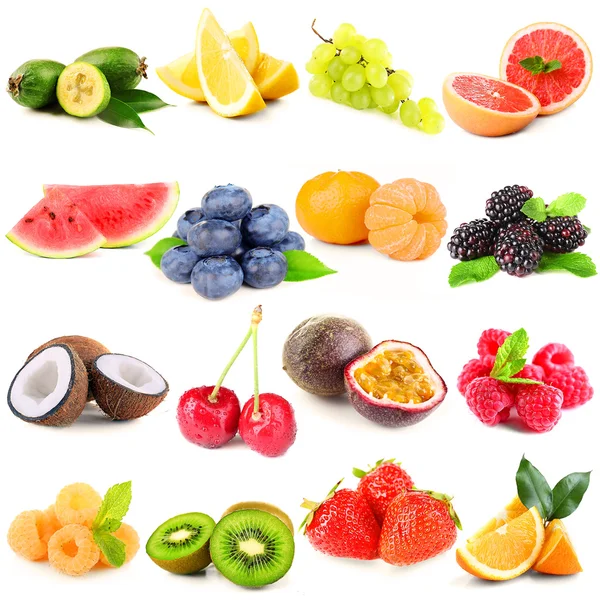 Collage of different fruits and berries isolated on white — Stock Photo, Image