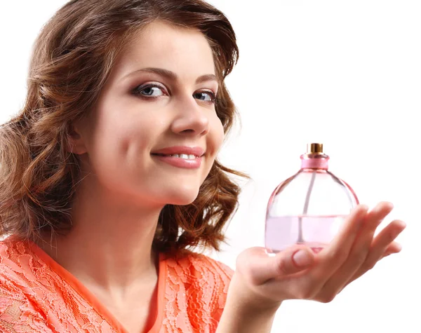 Beautiful woman with perfume bottle isolated on white — Stock Photo, Image