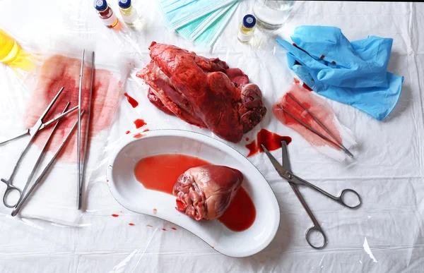Hjärtat orgel i medicinsk metall bricka med verktyg på bordet på nära håll — Stockfoto