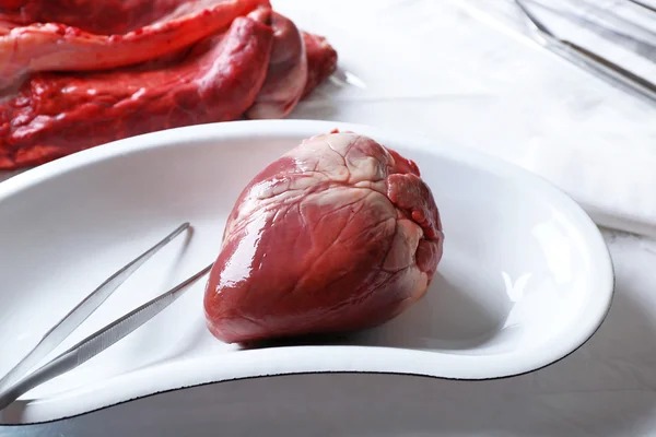 Heart organ in medical metal tray with tools on table close up — Stock Photo, Image