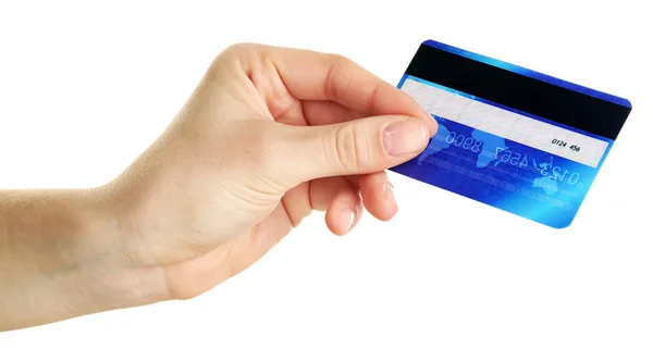 Mão segurando cartão de crédito, isolado em branco — Fotografia de Stock