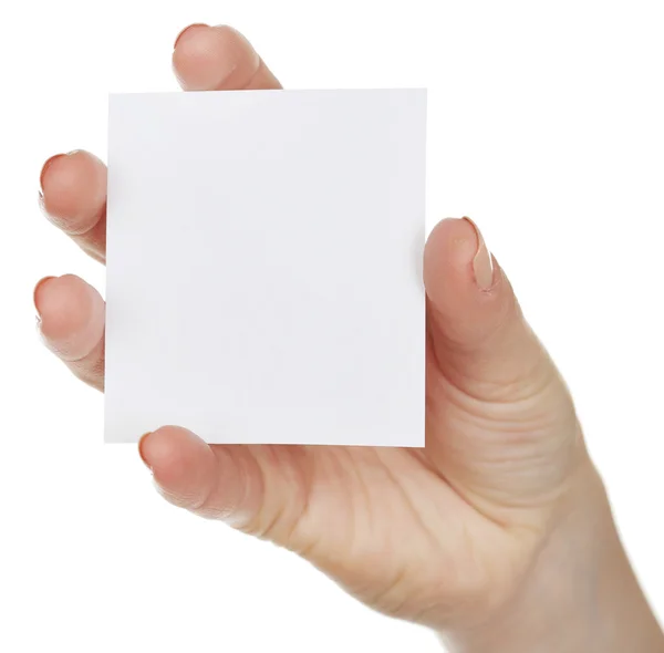 Hand holding blank card isolated on white — Stock Photo, Image