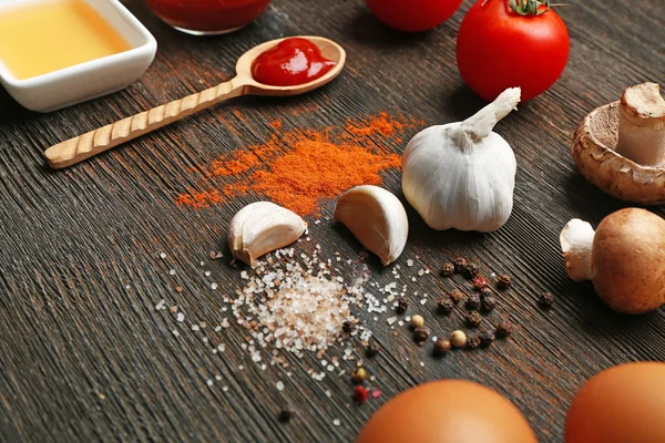 Ingredients for cooking pizza on wooden table, closeup — Stock Photo, Image