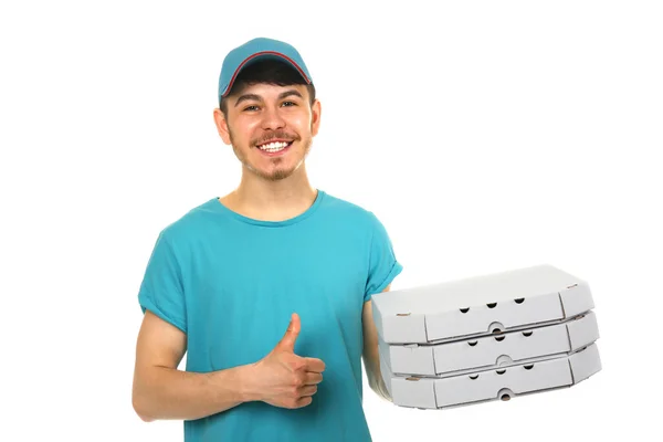 Consegna ragazzo con scatola di cartone pizza isolato su bianco — Foto Stock