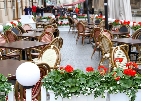 City cafe terrace with beautiful flower beds outdoors — Stock Photo, Image
