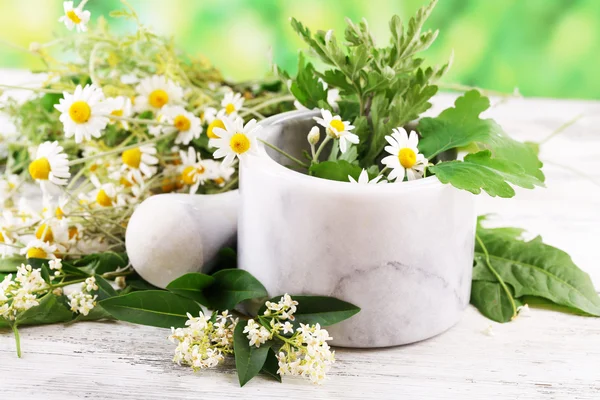 Ervas e flores com argamassa, sobre mesa de madeira, sobre fundo brilhante — Fotografia de Stock