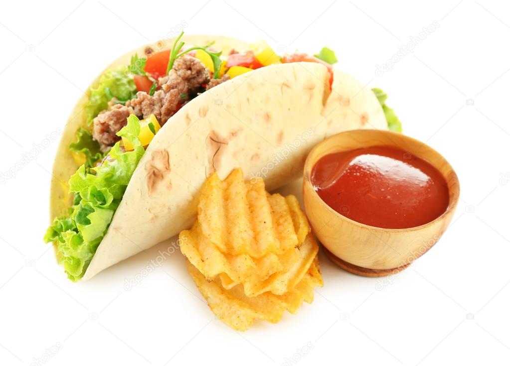 Homemade beef burrito with vegetables and tortilla, isolated on white