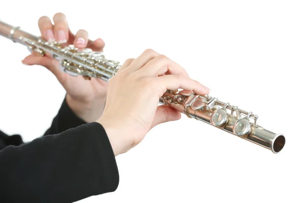 Músico tocando flauta aislado en blanco —  Fotos de Stock
