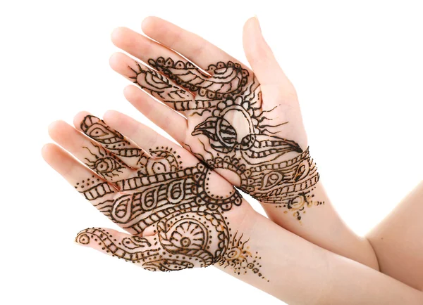 Image of henna on female hands isolated on white — Stock Photo, Image