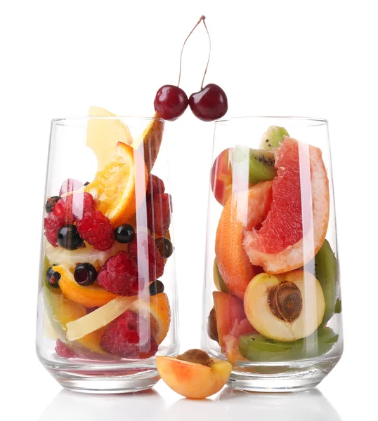 Fresh fruits salad in glasses isolated on white — Stock Photo, Image