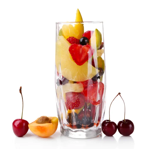 Fresh fruits salad in glass isolated on white — Stock Photo, Image