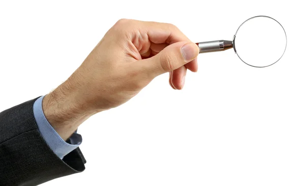 Male hand holding magnifying glass isolated on white — Stock Photo, Image