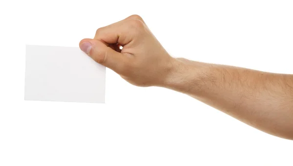 白で隔離の紙のカードを持っている男性の手 — ストック写真