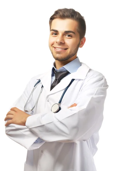Чоловік лікар зі стетоскопом ізольований на білому — стокове фото
