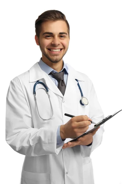 Male doctor with folder isolated on white — Stock Photo, Image