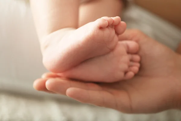 Vuxen hand som håller baby fötter, närbild — Stockfoto