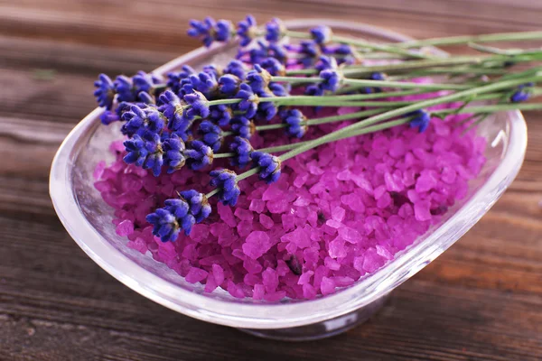 Purple sea salt with fresh lavender, closeup — Stock Photo, Image