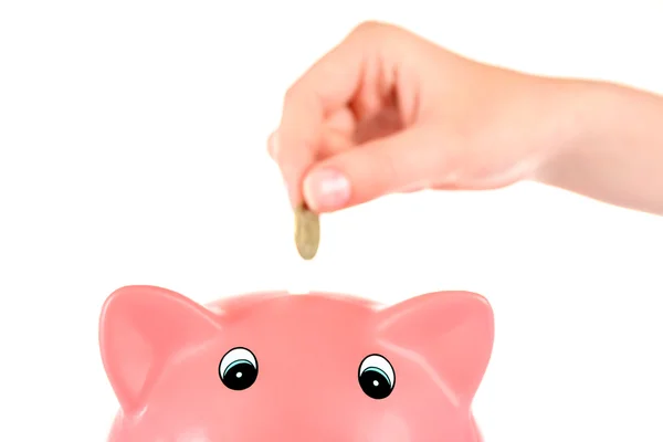 Hand steckt Geld in Sparschwein isoliert auf weiß — Stockfoto