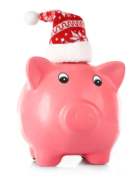 储钱罐与圣诞老人帽子上白色孤立 — 图库照片