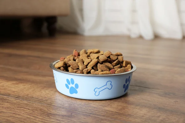 Dog food in bowl on floor at home — Stock Photo, Image