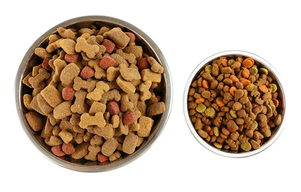 Dog food in bowls, isolated on white — Stock Photo, Image