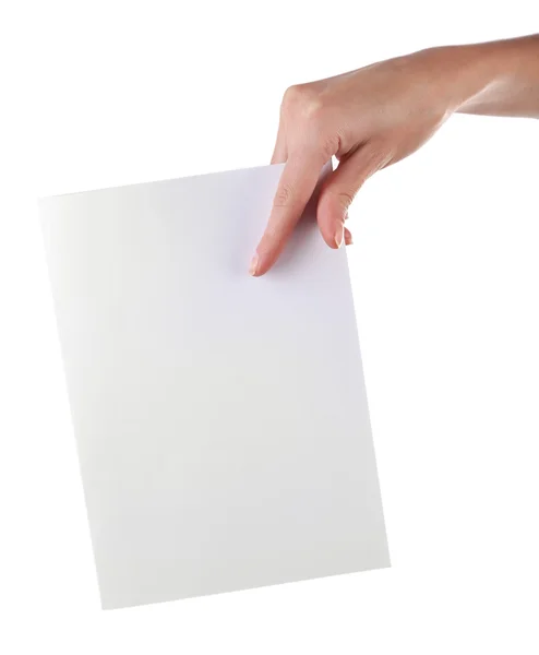 Weibliche Hand hält Papier blanko isoliert auf weiß — Stockfoto