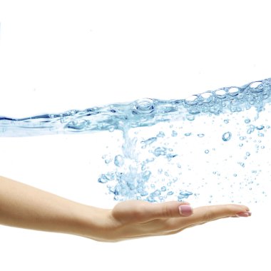 Hand and splash of pure water wave isolated on white