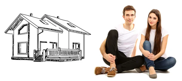 Jonge gezin en huis tekening geïsoleerd op wit — Stockfoto