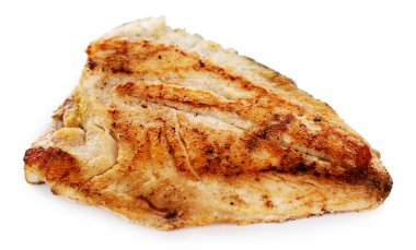 Kavrulmuş balık fileto üzerinde beyaz izole plaka üzerinde test