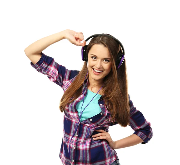헤드폰을 사용하는 젊은 여자 — 스톡 사진