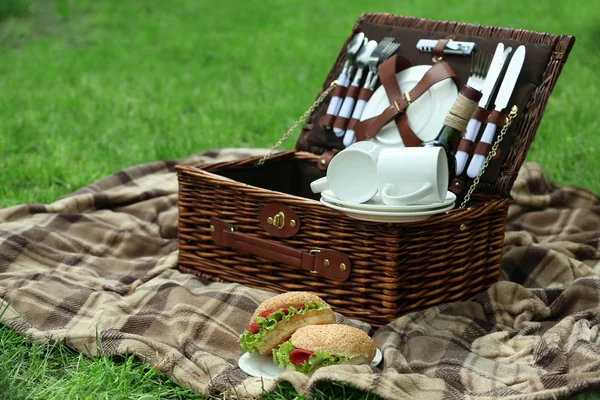 Cesta de piquenique de vime, sanduíches saborosos e xadrez na grama verde, ao ar livre — Fotografia de Stock