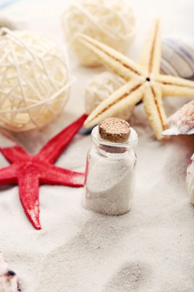 Beautiful seashells on sand background — Stock Photo, Image