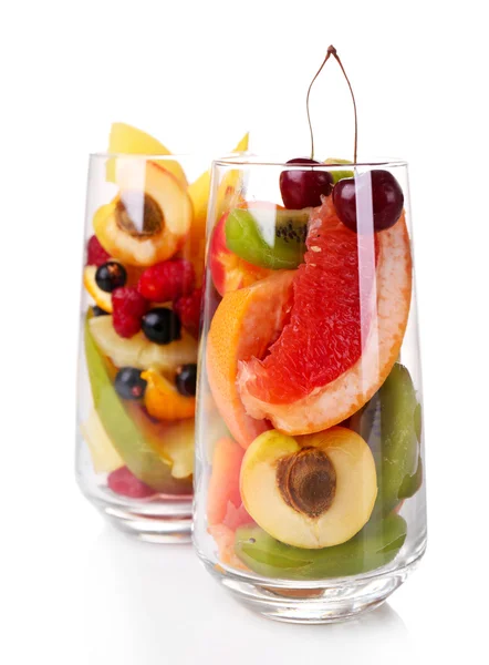 Fresh fruits salad in glasses isolated on white — Stock Photo, Image