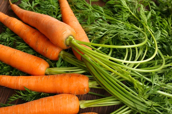 Свежая органическая морковь с зелеными верхушками, крупным планом — стоковое фото