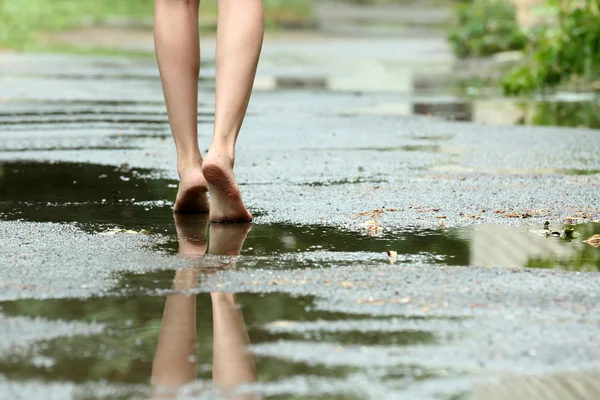 Young Beautiful Girl Walking In The Park In The Summer Warm Rain