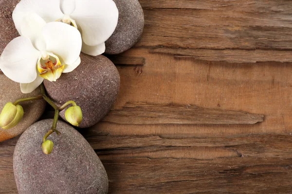 Spa stones and orchid flower on wooden background — Stock Photo, Image