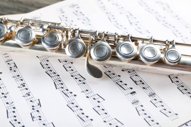 Müzik Not arka planı üzerinde gümüş flüt