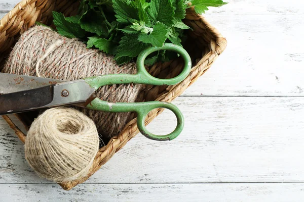 Folhas de erva-cidreira com corda e tesoura em cesta de vime sobre fundo de madeira — Fotografia de Stock
