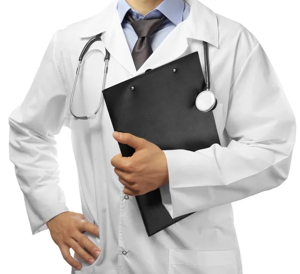 Médico masculino com pasta isolada em branco — Fotografia de Stock