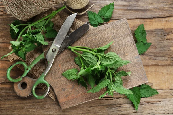 Leaves of lemon balm with scissors and rope on wooden cutting board, closeup — Stock Photo, Image