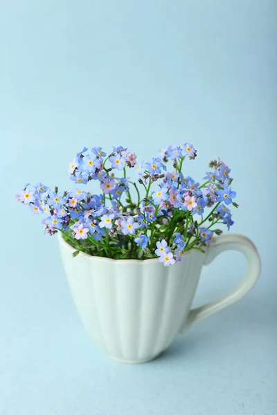 Forget-me-nots blommor i cup, på blå bakgrund — Stockfoto