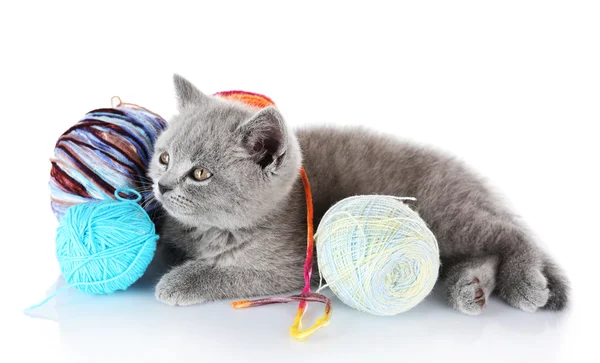 Lindo gatito gris con madeja de hilo de colores aislado en blanco — Foto de Stock