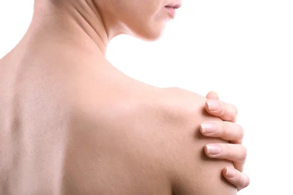 Молода жінка з плечовим болем крупним планом — стокове фото