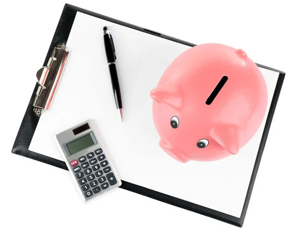 Piggy bank met Rekenmachine en Klembord geïsoleerd op wit — Stockfoto